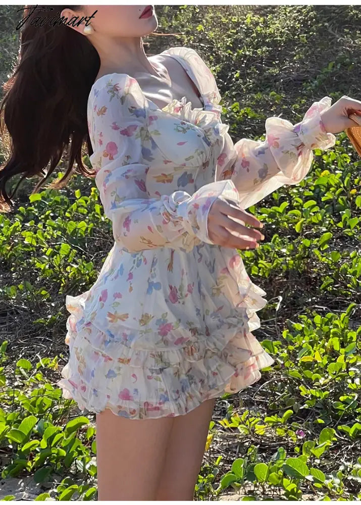 Spring New French Long Sleeve Floral Small Spice Girl Party Dresses for Women Sweet Boho Beach Holiday Dress Robes Vestidos