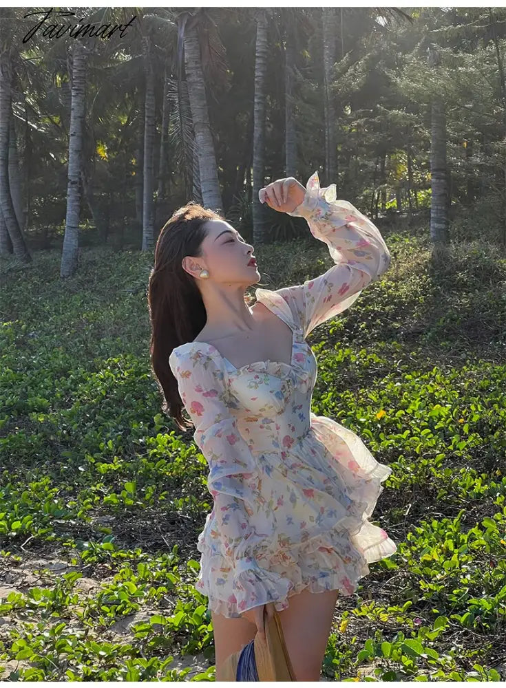 Spring New French Long Sleeve Floral Small Spice Girl Party Dresses for Women Sweet Boho Beach Holiday Dress Robes Vestidos