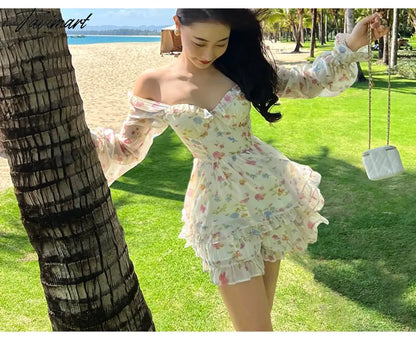 Spring New French Long Sleeve Floral Small Spice Girl Party Dresses for Women Sweet Boho Beach Holiday Dress Robes Vestidos