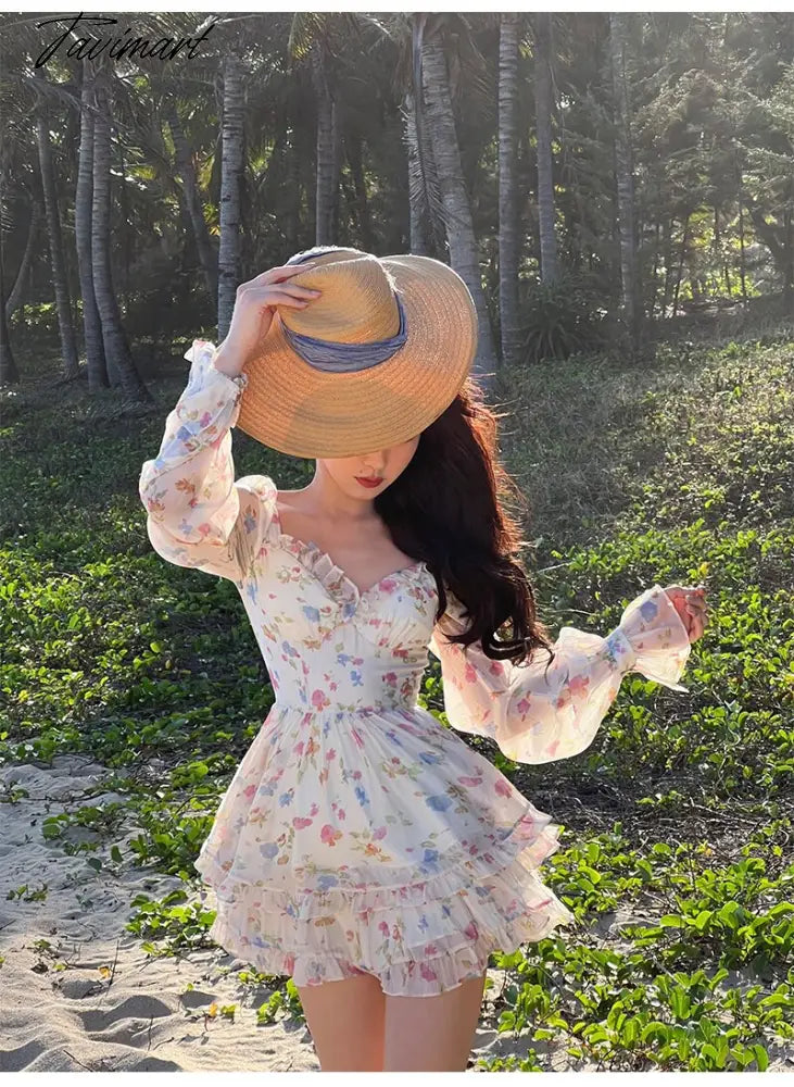 Spring New French Long Sleeve Floral Small Spice Girl Party Dresses for Women Sweet Boho Beach Holiday Dress Robes Vestidos