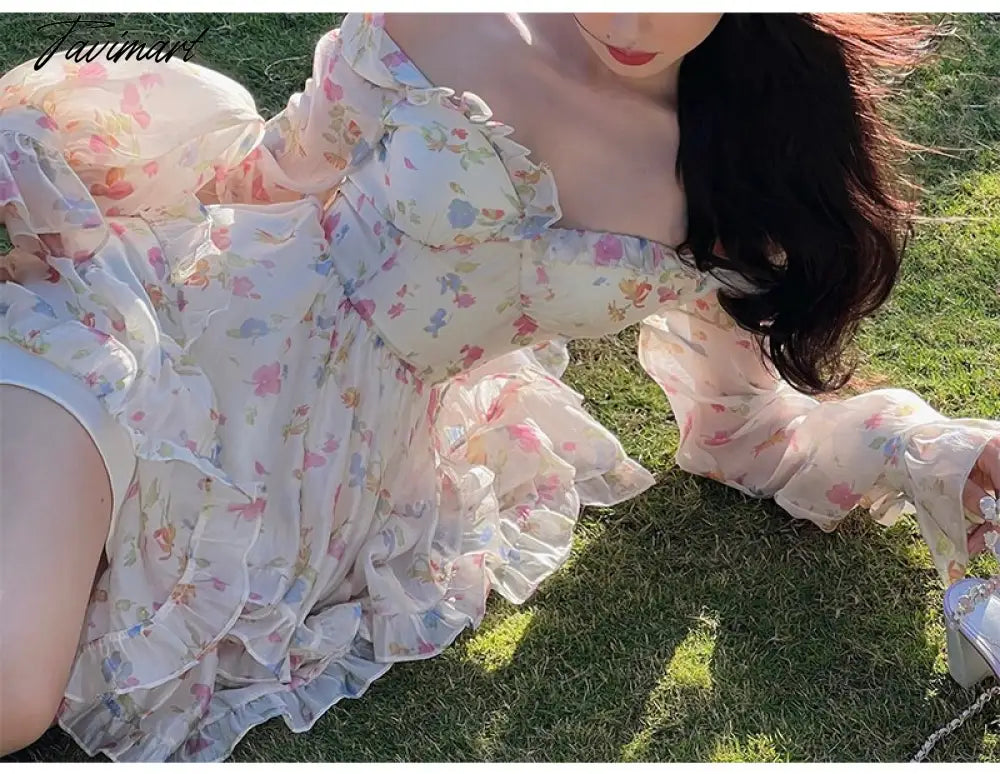 Spring New French Long Sleeve Floral Small Spice Girl Party Dresses for Women Sweet Boho Beach Holiday Dress Robes Vestidos