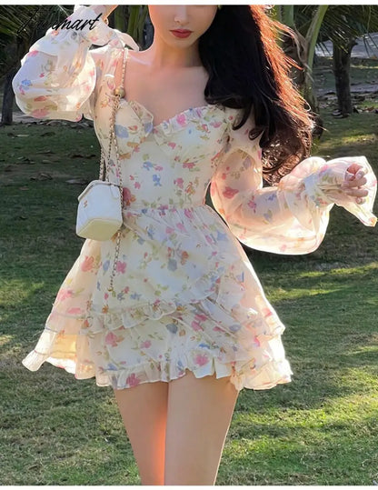 Spring New French Long Sleeve Floral Small Spice Girl Party Dresses for Women Sweet Boho Beach Holiday Dress Robes Vestidos