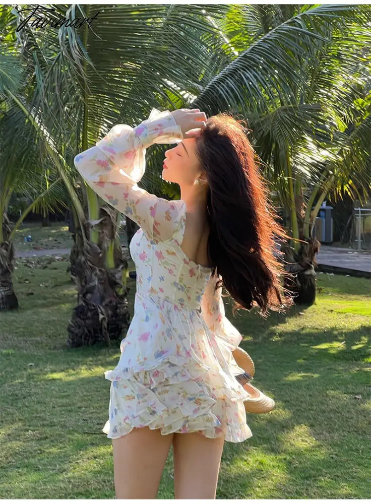 Spring New French Long Sleeve Floral Small Spice Girl Party Dresses for Women Sweet Boho Beach Holiday Dress Robes Vestidos
