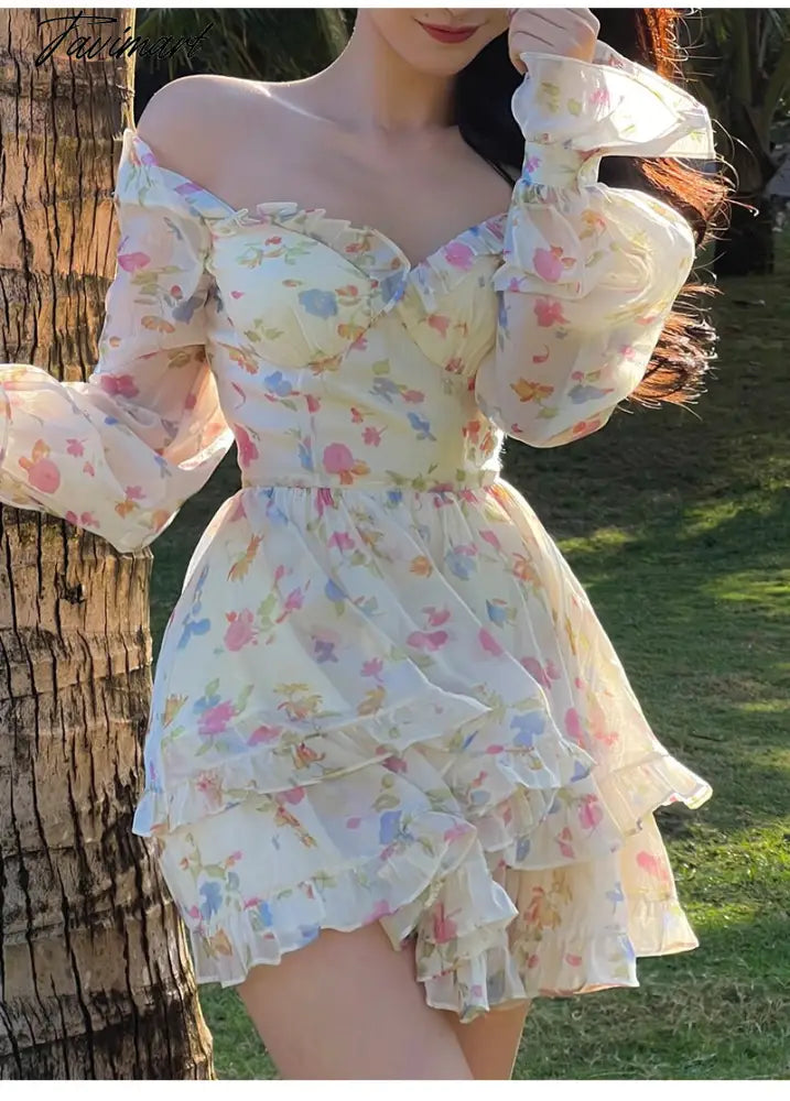 Spring New French Long Sleeve Floral Small Spice Girl Party Dresses for Women Sweet Boho Beach Holiday Dress Robes Vestidos