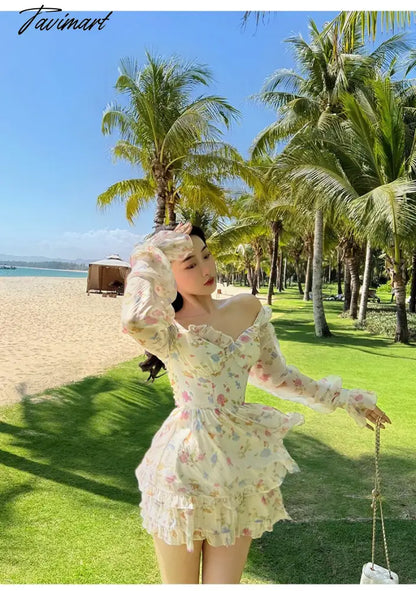 Spring New French Long Sleeve Floral Small Spice Girl Party Dresses for Women Sweet Boho Beach Holiday Dress Robes Vestidos