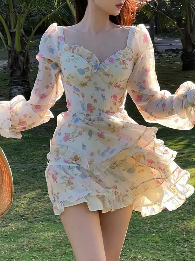 Spring New French Long Sleeve Floral Small Spice Girl Party Dresses for Women Sweet Boho Beach Holiday Dress Robes Vestidos