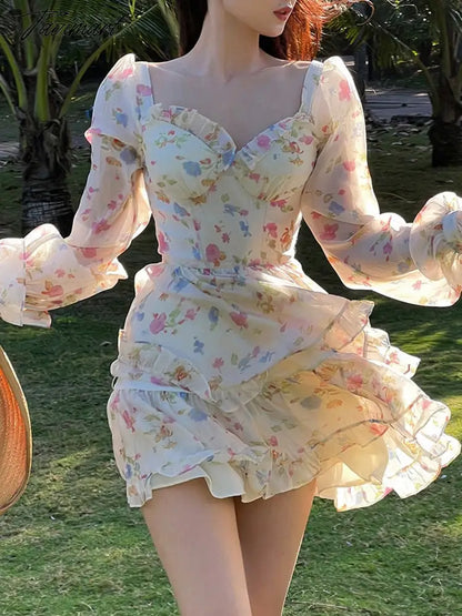 Spring New French Long Sleeve Floral Small Spice Girl Party Dresses for Women Sweet Boho Beach Holiday Dress Robes Vestidos
