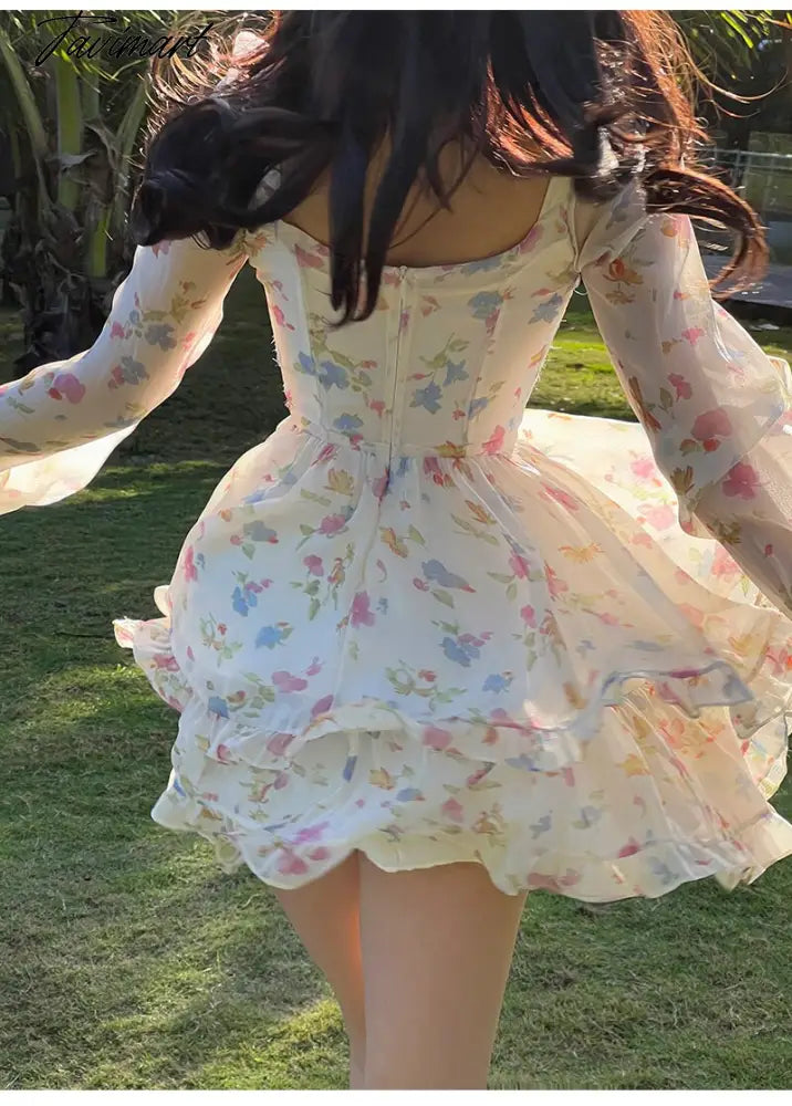 Spring New French Long Sleeve Floral Small Spice Girl Party Dresses for Women Sweet Boho Beach Holiday Dress Robes Vestidos