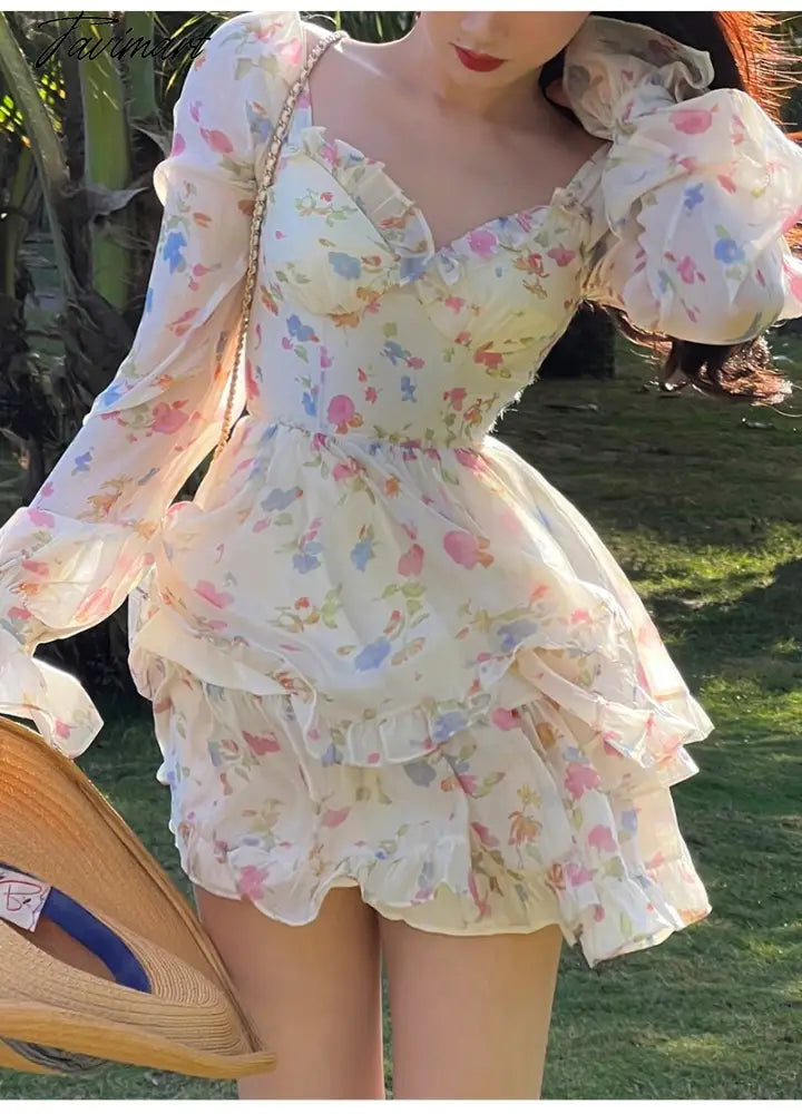 Spring New French Long Sleeve Floral Small Spice Girl Party Dresses for Women Sweet Boho Beach Holiday Dress Robes Vestidos