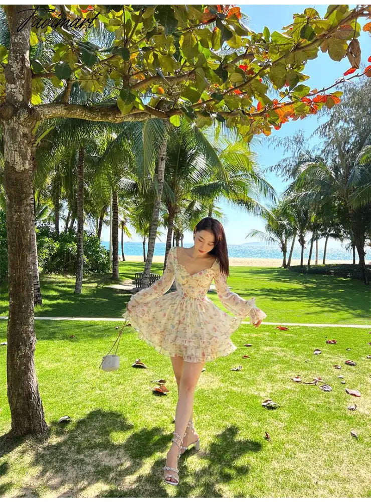 Spring New French Long Sleeve Floral Small Spice Girl Party Dresses for Women Sweet Boho Beach Holiday Dress Robes Vestidos