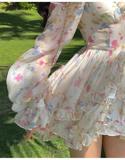Spring New French Long Sleeve Floral Small Spice Girl Party Dresses for Women Sweet Boho Beach Holiday Dress Robes Vestidos