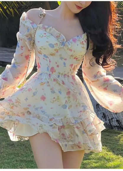 Spring New French Long Sleeve Floral Small Spice Girl Party Dresses for Women Sweet Boho Beach Holiday Dress Robes Vestidos