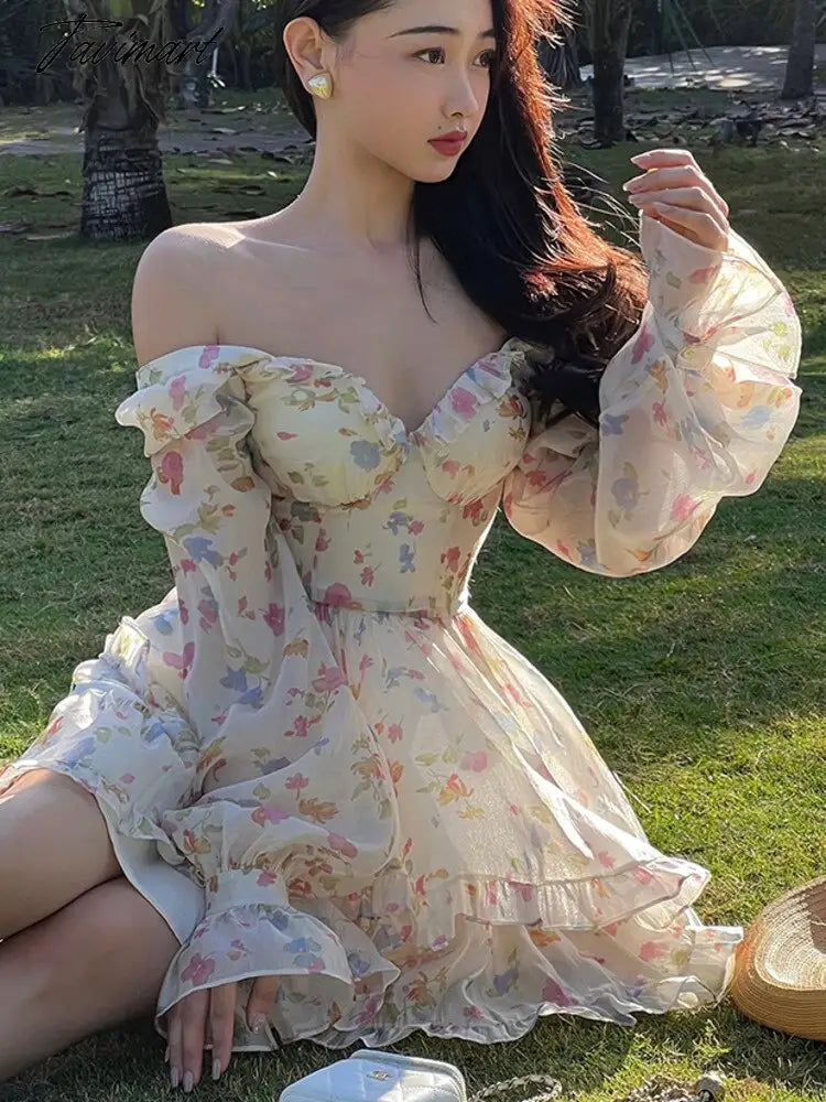 Spring New French Long Sleeve Floral Small Spice Girl Party Dresses for Women Sweet Boho Beach Holiday Dress Robes Vestidos