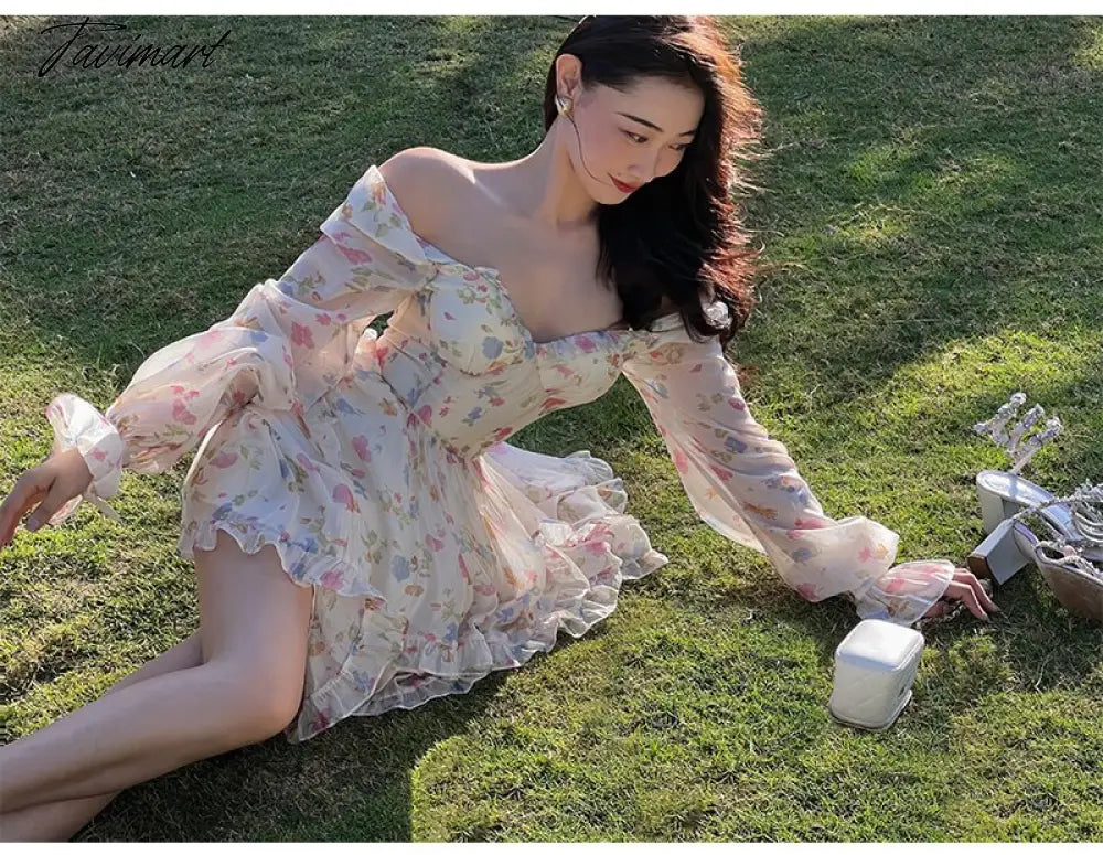 Spring New French Long Sleeve Floral Small Spice Girl Party Dresses for Women Sweet Boho Beach Holiday Dress Robes Vestidos