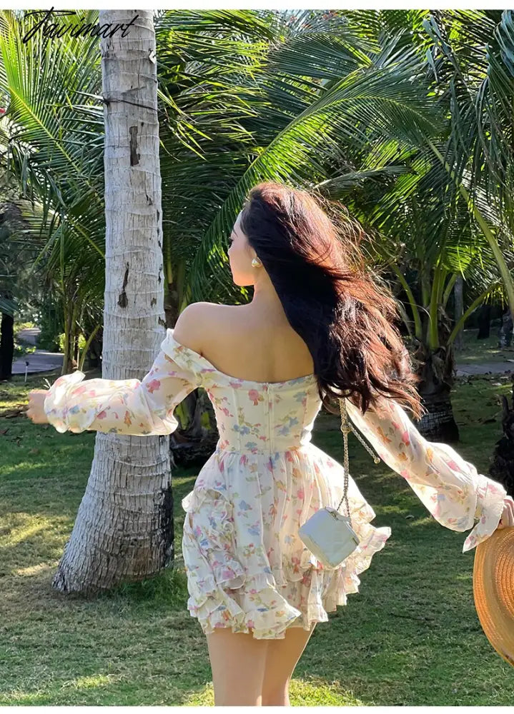 Spring New French Long Sleeve Floral Small Spice Girl Party Dresses for Women Sweet Boho Beach Holiday Dress Robes Vestidos