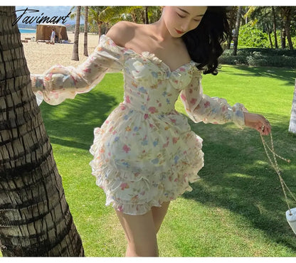 Spring New French Long Sleeve Floral Small Spice Girl Party Dresses for Women Sweet Boho Beach Holiday Dress Robes Vestidos