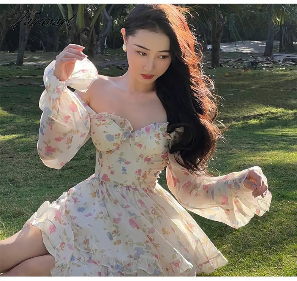 Spring New French Long Sleeve Floral Small Spice Girl Party Dresses for Women Sweet Boho Beach Holiday Dress Robes Vestidos