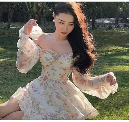 Spring New French Long Sleeve Floral Small Spice Girl Party Dresses for Women Sweet Boho Beach Holiday Dress Robes Vestidos