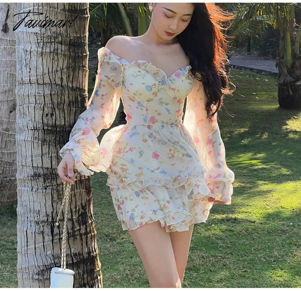 Spring New French Long Sleeve Floral Small Spice Girl Party Dresses for Women Sweet Boho Beach Holiday Dress Robes Vestidos