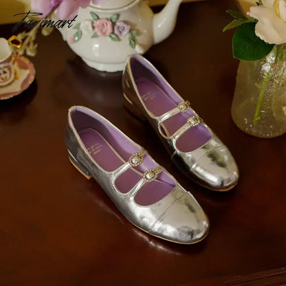 Spring New Round Toe Split Genuine Leather Mary Jane Shoes Women's Rhinestone Buckle Strap Block Low Heels Flats Loafers 40