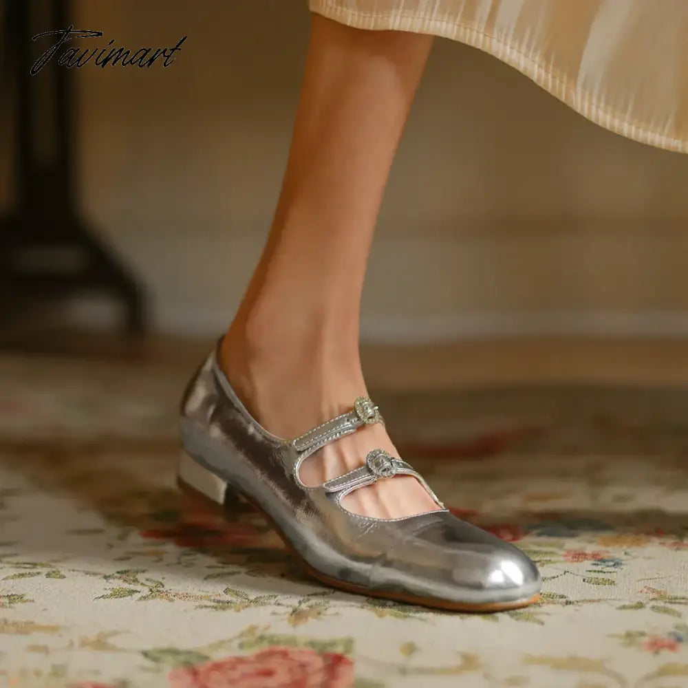 Spring New Round Toe Split Genuine Leather Mary Jane Shoes Women's Rhinestone Buckle Strap Block Low Heels Flats Loafers 40