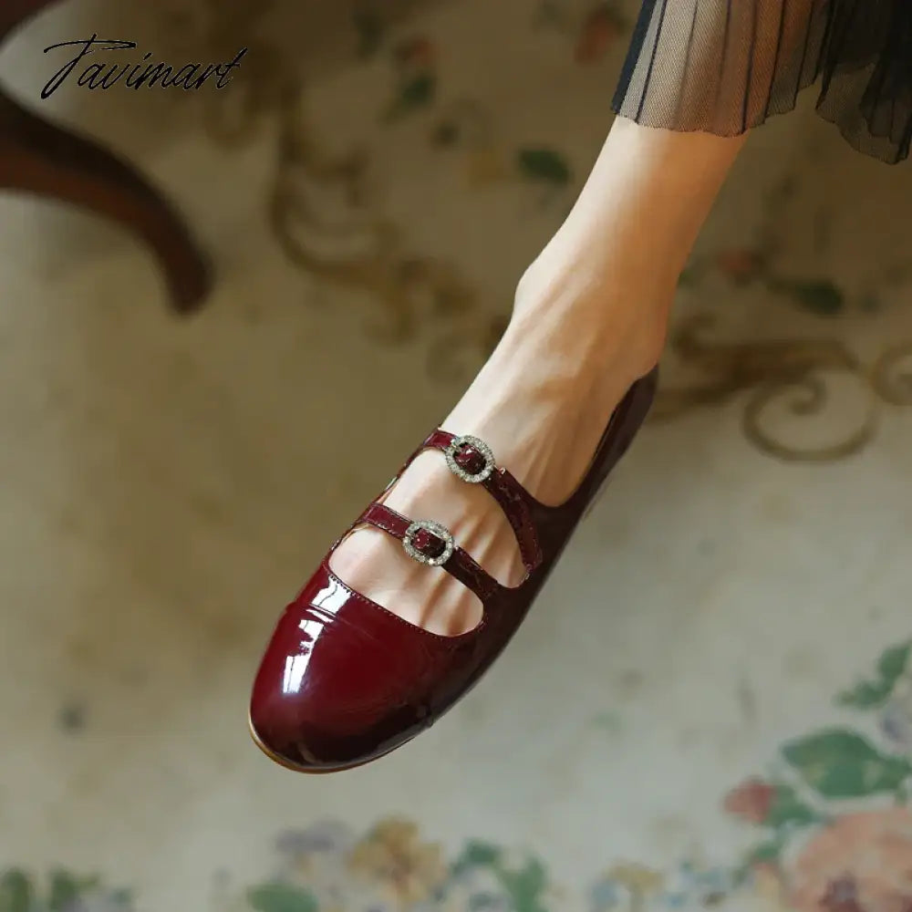 Spring New Round Toe Split Genuine Leather Mary Jane Shoes Women's Rhinestone Buckle Strap Block Low Heels Flats Loafers 40