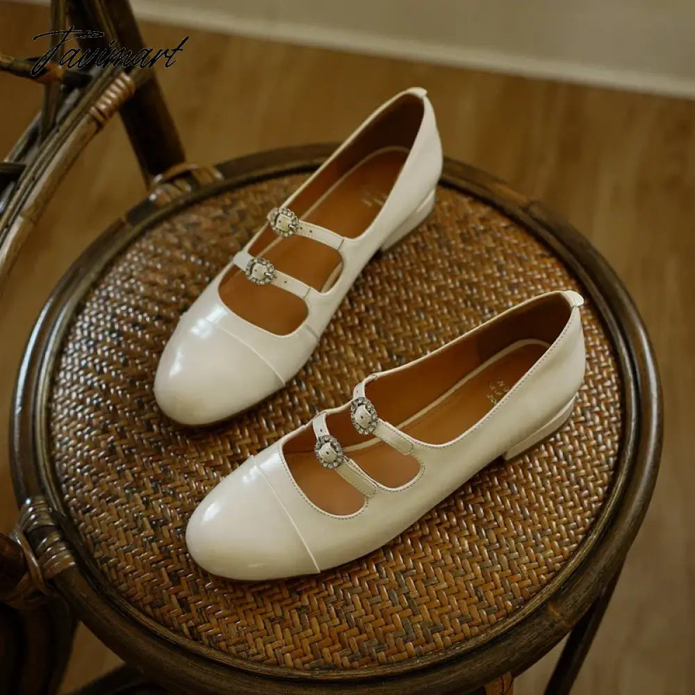 Spring New Round Toe Split Genuine Leather Mary Jane Shoes Women's Rhinestone Buckle Strap Block Low Heels Flats Loafers 40