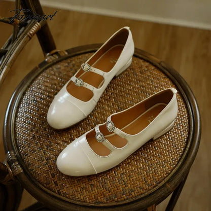 Spring New Round Toe Split Genuine Leather Mary Jane Shoes Women's Rhinestone Buckle Strap Block Low Heels Flats Loafers 40
