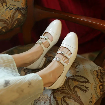 Spring New Round Toe Split Genuine Leather Mary Jane Shoes Women's Rhinestone Buckle Strap Block Low Heels Flats Loafers 40