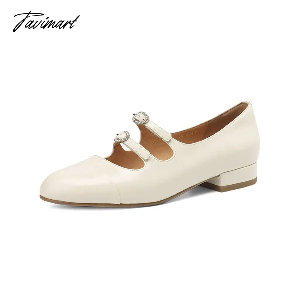 Spring New Round Toe Split Genuine Leather Mary Jane Shoes Women's Rhinestone Buckle Strap Block Low Heels Flats Loafers 40