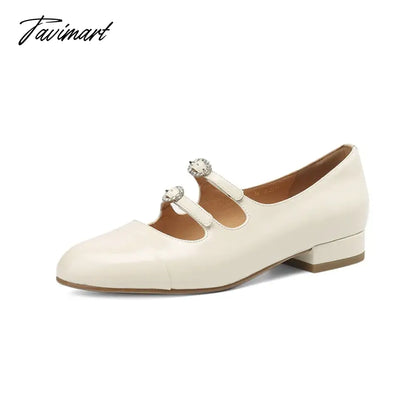 Spring New Round Toe Split Genuine Leather Mary Jane Shoes Women's Rhinestone Buckle Strap Block Low Heels Flats Loafers 40