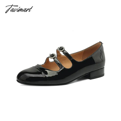 Spring New Round Toe Split Genuine Leather Mary Jane Shoes Women's Rhinestone Buckle Strap Block Low Heels Flats Loafers 40