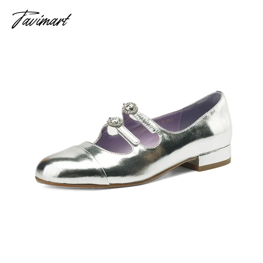 Spring New Round Toe Split Genuine Leather Mary Jane Shoes Women's Rhinestone Buckle Strap Block Low Heels Flats Loafers 40