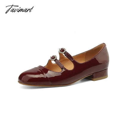 Spring New Round Toe Split Genuine Leather Mary Jane Shoes Women's Rhinestone Buckle Strap Block Low Heels Flats Loafers 40
