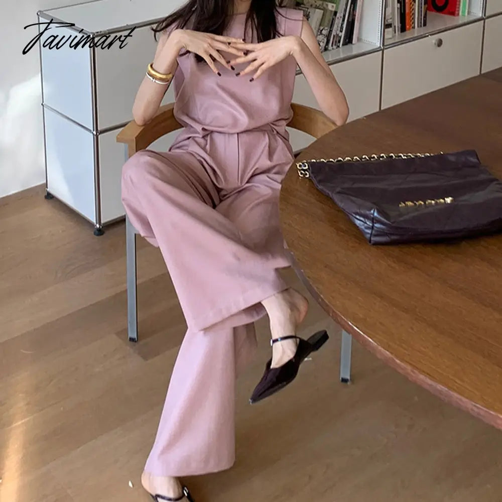 Spring New Women's Fashion Elegant Casual Sleeveless Top Solid Color Commuter Wide Leg Pants Two Piece Set Female