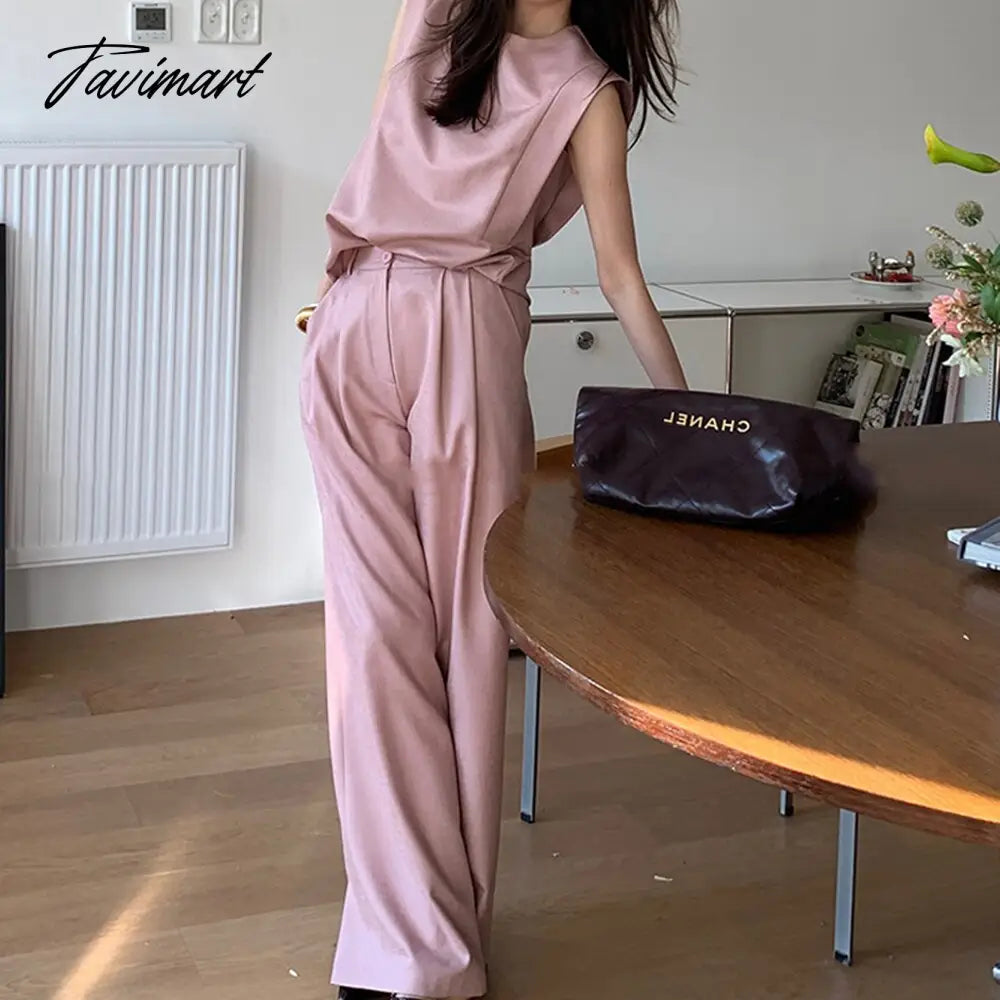 Spring New Women's Fashion Elegant Casual Sleeveless Top Solid Color Commuter Wide Leg Pants Two Piece Set Female