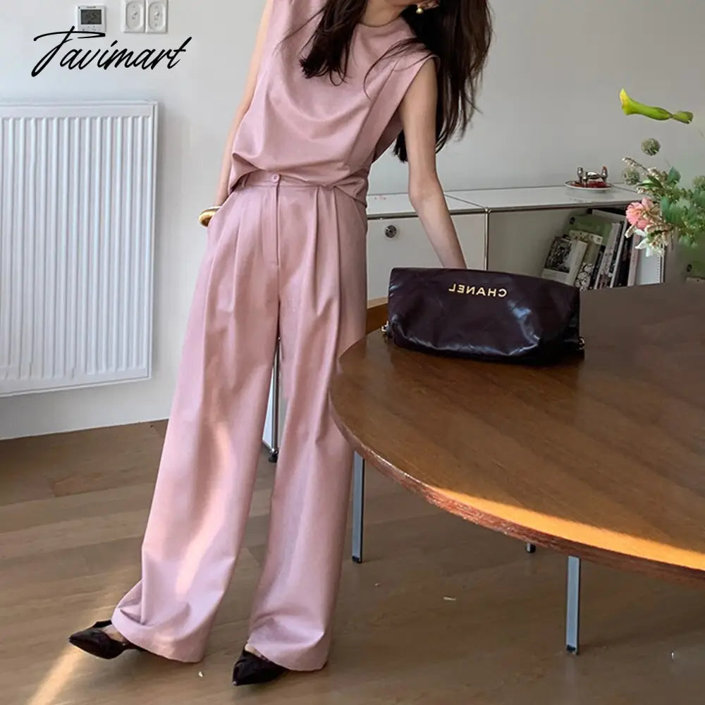 Spring New Women's Fashion Elegant Casual Sleeveless Top Solid Color Commuter Wide Leg Pants Two Piece Set Female
