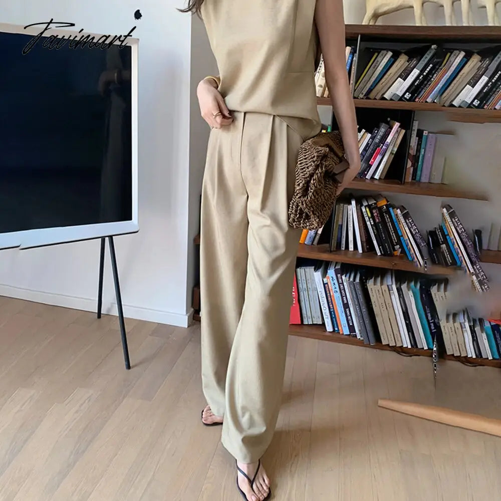 Spring New Women's Fashion Elegant Casual Sleeveless Top Solid Color Commuter Wide Leg Pants Two Piece Set Female