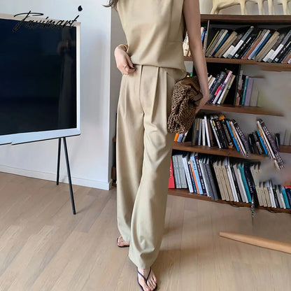 Spring New Women's Fashion Elegant Casual Sleeveless Top Solid Color Commuter Wide Leg Pants Two Piece Set Female