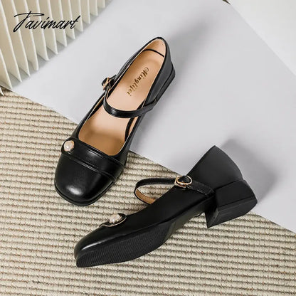 spring new women's leather shoes Ladies casual high heels Korean style low heel chunky heel design career and party wear