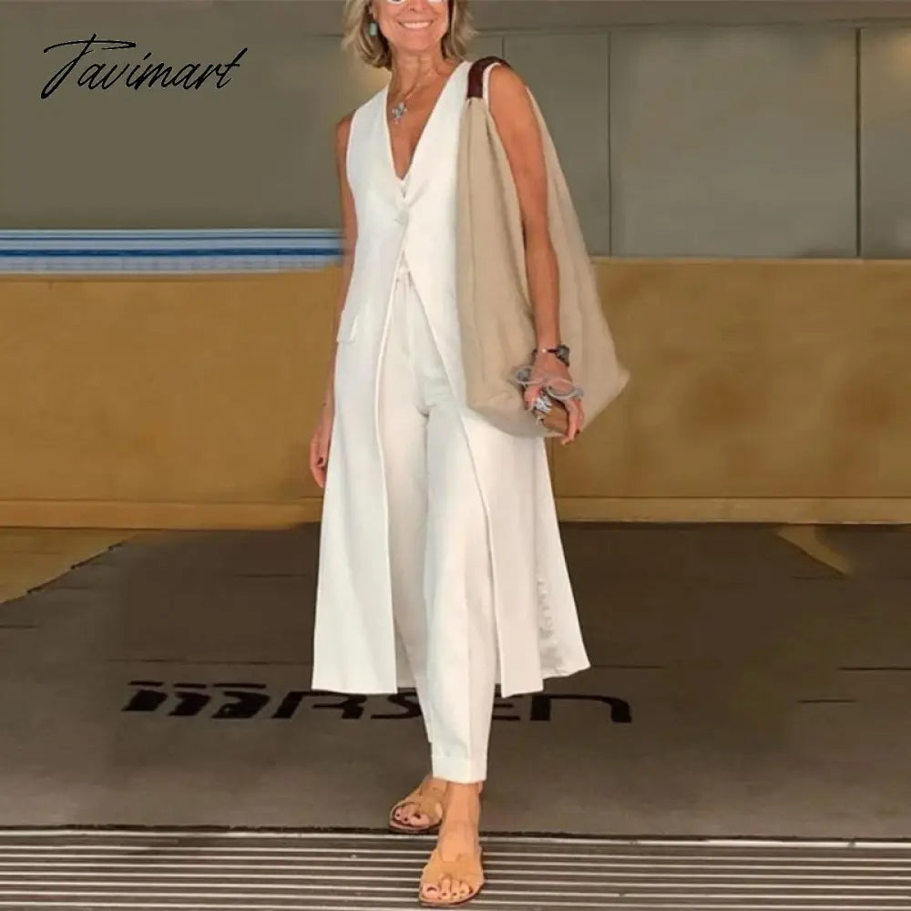 Spring Summer Commute Tops + Pants Outfits Women Solid Casual Suits Fashion Women's Sleeveless Long Vest Trousers Two-Piece Set