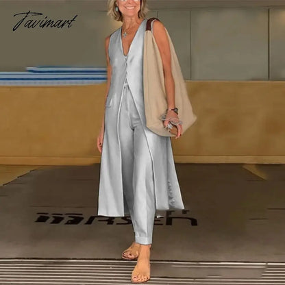 Spring Summer Commute Tops + Pants Outfits Women Solid Casual Suits Fashion Women's Sleeveless Long Vest Trousers Two-Piece Set