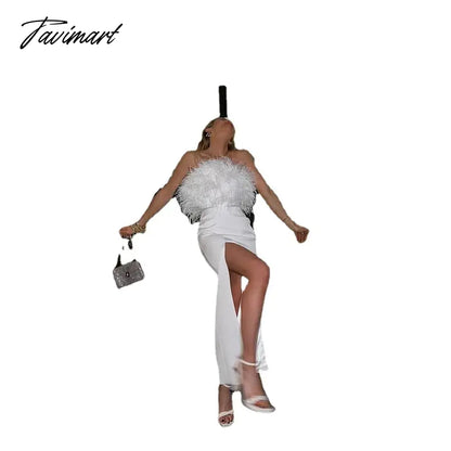 Spring Summer Girl One-shoulder Feathers Sexy Mopping Irregular Split Dress