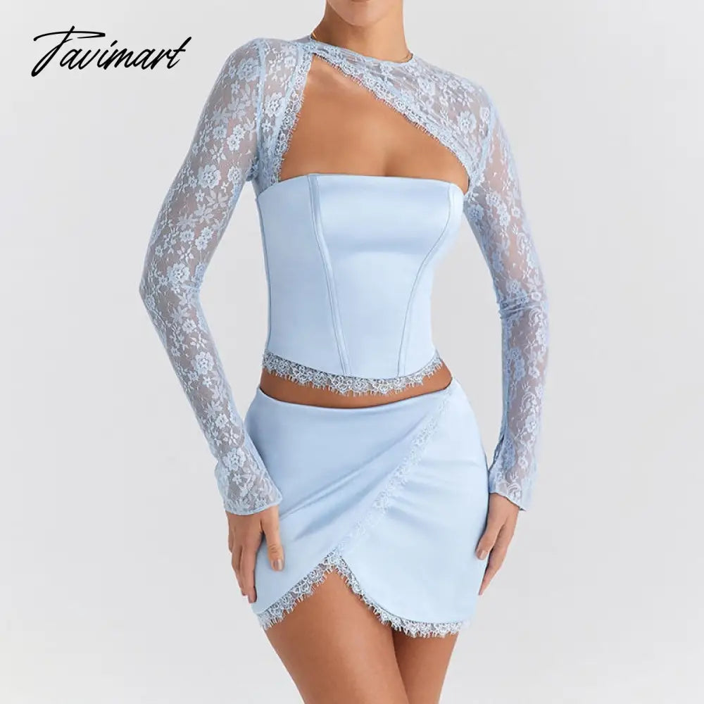 Spring Summer New Fashion Sexy Solid Color Temperament Lace Stitching Long Sleeve Bag Hip Skirt Suit Mini Dresses For Women