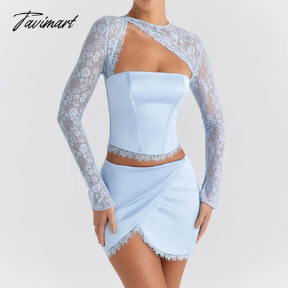 Spring Summer New Fashion Sexy Solid Color Temperament Lace Stitching Long Sleeve Bag Hip Skirt Suit Mini Dresses For Women