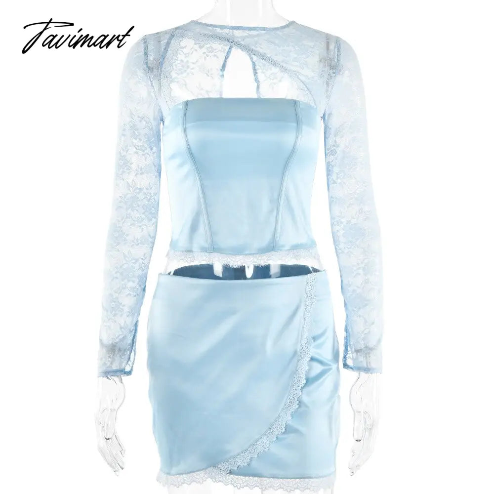 Spring Summer New Fashion Sexy Solid Color Temperament Lace Stitching Long Sleeve Bag Hip Skirt Suit Mini Dresses For Women