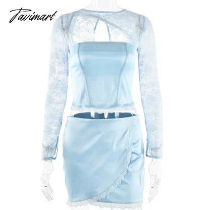 Spring Summer New Fashion Sexy Solid Color Temperament Lace Stitching Long Sleeve Bag Hip Skirt Suit Mini Dresses For Women