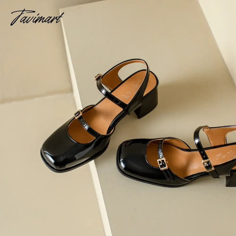 Spring Summer New Women Sandals Square Toe Buckle Chunky Pumps Patent Leather High Heels Mary Janes Ladies Party Slingback Shoes