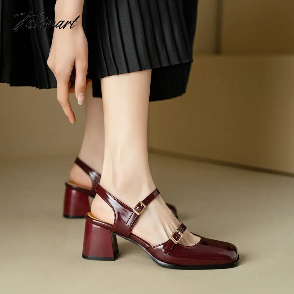 Spring Summer New Women Sandals Square Toe Buckle Chunky Pumps Patent Leather High Heels Mary Janes Ladies Party Slingback Shoes