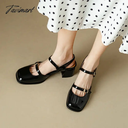 Spring Summer New Women Sandals Square Toe Buckle Chunky Pumps Patent Leather High Heels Mary Janes Ladies Party Slingback Shoes
